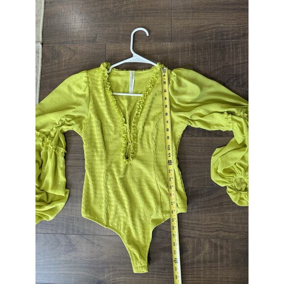 Anthropologie Ruffle Bodysuit Lime Green Deep V Women’s Boho Long Sleeve Small - Picture 5 of 5